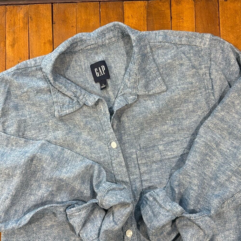 Gap Blue Linen Blend Relaxed Fit Button Up Shirt Size L